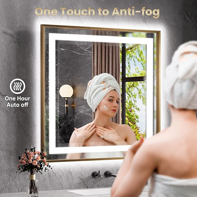 Amorho 40"X38" LED Bathroom Mirror, Golden Metal Framed Mirror with Front Light and Backlit, Stepless Dimmable, Anti-Fog, Shatter-Proof, Memory, 3 Colors