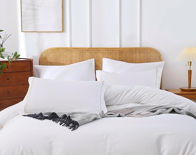 100% Cotton Duvet Cover Set Soft Comfortable with Embroidery Design 3 Pcs Home Sateen Weave Bedding Set (White&Gold, King)