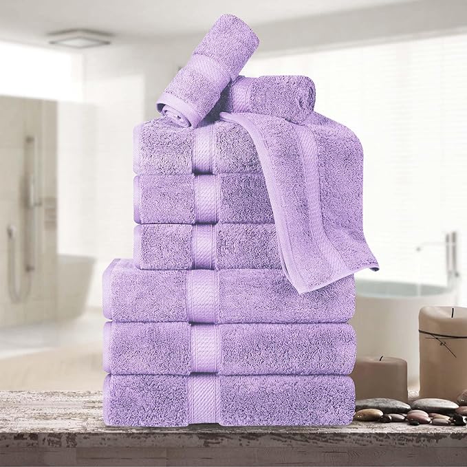 SUPERIOR Egyptian Cotton Pile 9 Piece Towel Set, Includes 3 Bath, 3 Hand, 3 Face Towels/Washcloths, Ultra Soft Luxury Towels, Thick Plush Essentials, Guest Bath, Spa, Hotel Bathroom, Purple
