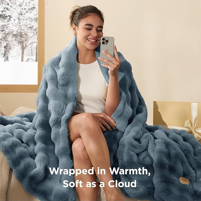 Bedsure GentleSoft Fluffy Faux Fur Throw Blanket for Couch, Soft Fuzzy Bubble Blanket Home Decor Gifts for Bedroom Living Room, Thick Warm Furry Cozy Gifts for Women, Greyish Blue, 50x60 Inch
