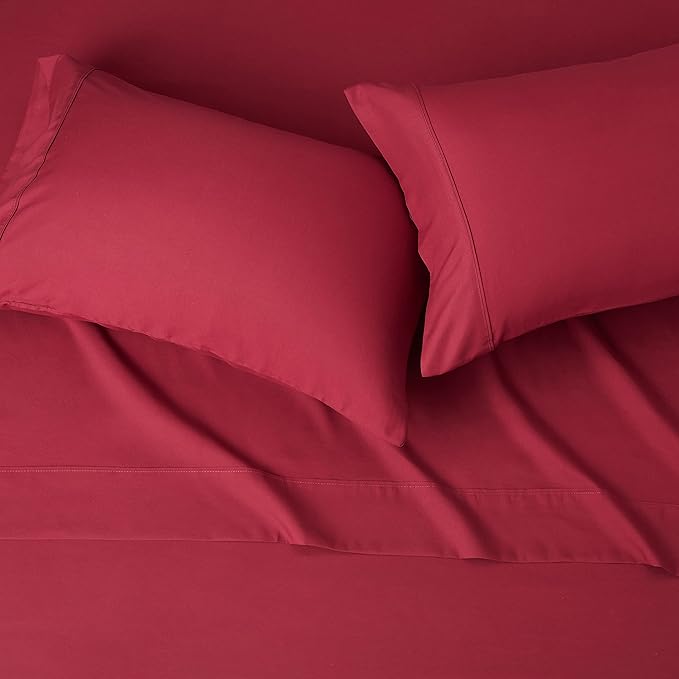 Amazon Basics Lightweight Super Soft Easy Care Microfiber 4 Piece Bed Sheet Set with 14-Inch Deep Pockets, Comfortable Queen, Burgundy, Solid