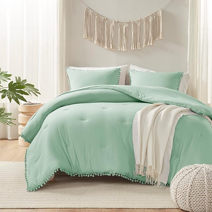 Codi Sage Green King Comforter Set - Boho Chic Bedding with Elegant Pom Fringe, Soft Washed Microfiber 3pc Luxury Set, Lightweight & Breathable for Master Bedroom, 1 Comforter & 2 Pillow Shams
