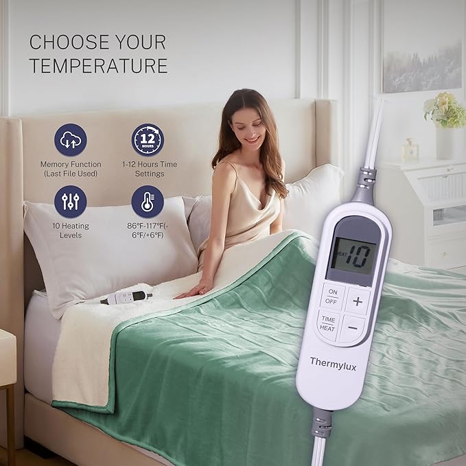 Electric Blanket Twin 62"x84" Heated Electric Blankets 10 Heating 12 Time Settings Levels 8 Hours Auto Off Fast Heating and Overheat Protection ETL Certified Machine Washable,Green
