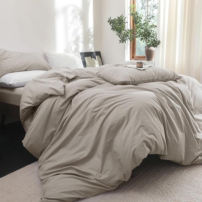 FOSSA Duvet Cover Set 100% Washed Cotton Linen Feel Super Soft Breathable Cozy 3 Pieces Bedding Sets Solid Cream Grey Super King