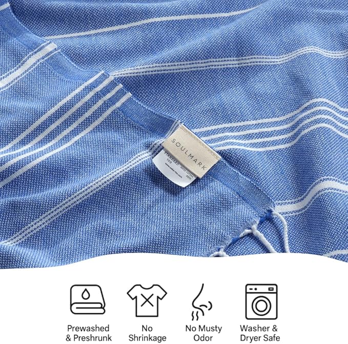 SOULMARK 100% Cotton Turkish Beach Towel with Bag - 38"x71" - 4 Pack - Made in Green & Oeko TEX Certified - Pre-Washed and Sand Free - Quick Dry and Lightweight for Travel - Made in Turkey - Sax Blue