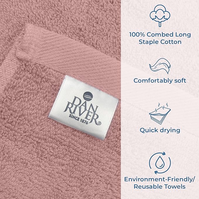 DAN RIVER Bath Towels Set of 4, 27 x 54 Inches, 100% Cotton, Larger & Lighter Weight, Quicker to Dry, Super Soft and Absorbent, Ideal Cotton Towels for Daily Use, Dusty Rose