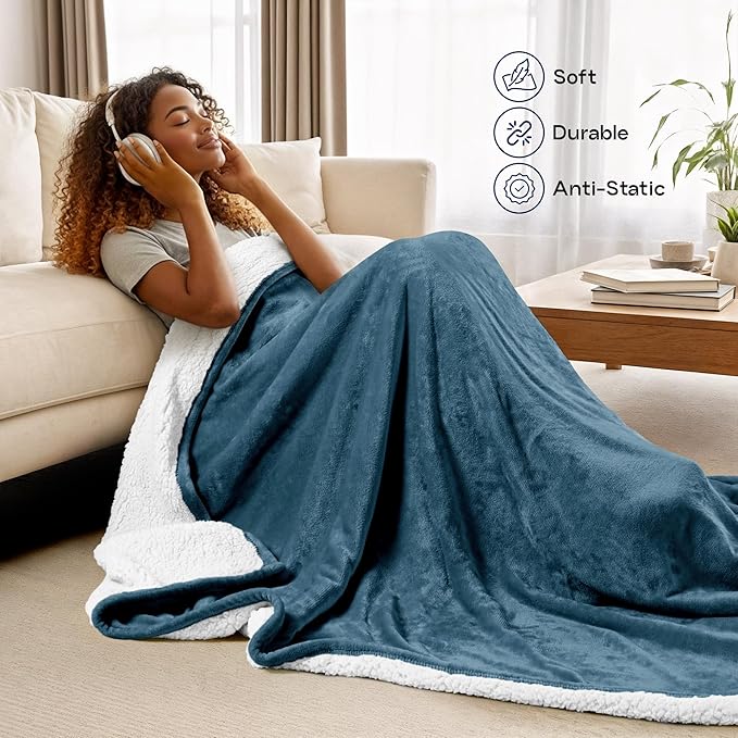 Utopia Bedding Sherpa Blanket King Size (Stone Blue, 90x102 Inches) - Soft Plush Fleece Reversible Blanket for Bed, Sofa, Couch, Camping and Travel