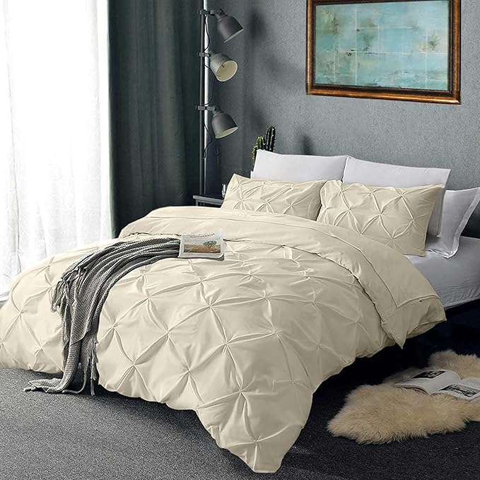 Pinch Pleated Duvet Cover Set 100% Cotton 3PC Super King Plus Size 120x120 Duvet Cover Set, Decorative Pinch Design Ivory Duvet Cover with Matching Pillow Case