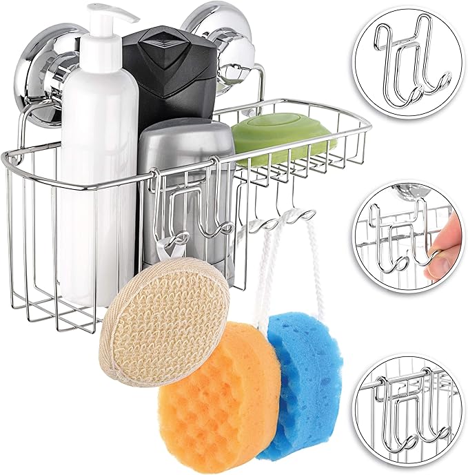 HASKO Suction Cup Shower Caddy Basket for Shampoo, Shower Suction Shelf Organizer, Basket with Soap Holder and Hooks, Stainless Steel Shampoo Holder for Bathroom Storage (Chrome)