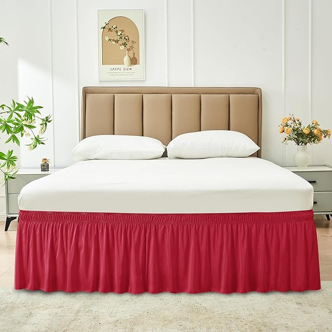 Biscaynebay Wrap Around Bed Skirts for King & Cal King Beds 18" Drop, Red Adjustable Elastic Dust Ruffles Easy Fit Wrinkle Resistant Silky Luxurious Fabric Machine Washable