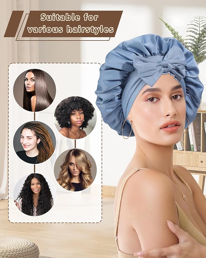 AWAYTR Women Satin Bonnet for Sleeping - Double Layer Silk Hair Bonnet with Elastic Tie Band for Braids Curly Hair