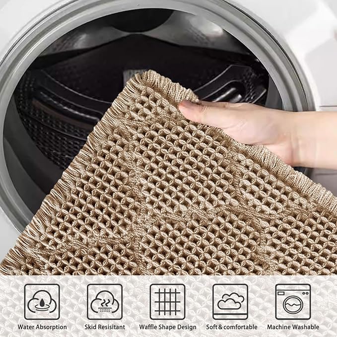 ZALL Tan Waffle Bath Mat,Super Absorbent Non Slip Bathroom Rug,Brown 24X60 inch, Geometric Diamond Machine Washable Ultra Soft Floor Mats