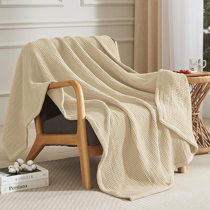 PHF 100% Cotton Waffle & Muslin Throw Blanket Large, Soft Breathable Luxury 400GSM Versatile Reversible Bedding for Couch, Great for Layering in Cold Weather, Home Decor Gift, 50" x 70", French Oak