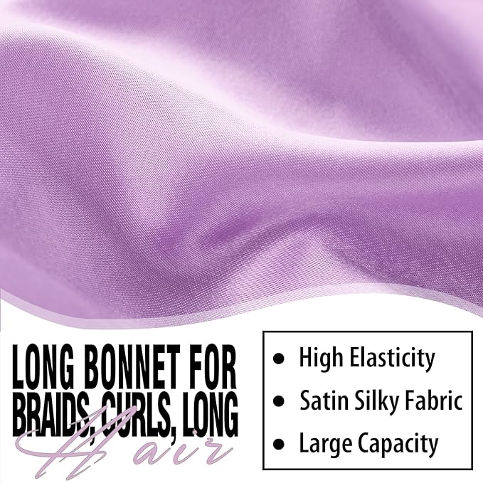 2Pcs Bonnets for Black Women Braid Bonnet, Large Long Satin Bonnet for Braids, Silk Bonnet with Stretchy Tie Band Sleep Cap Hair (2Pcs-Black&Purple)