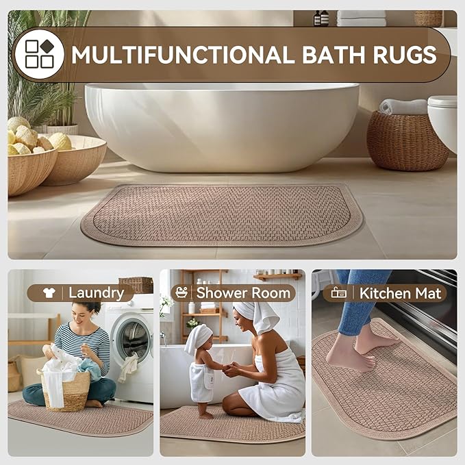 Bathroom Rugs Mat 24x35, Non Slip Ultra Thin Bath Mat Quick Dry Absorbent Washable Woven Half Round Bath Mats for Bathroom Floor Rubber Backed Fit Under Door Brown