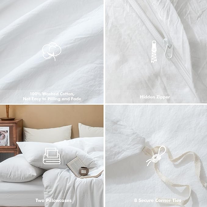 FOSSA Duvet Cover Set 100% Washed Cotton Linen Feel Super Soft Breathable Cozy Simple Style 3 Pieces Bedding Sets Solid Bright White Twin/Twin XL