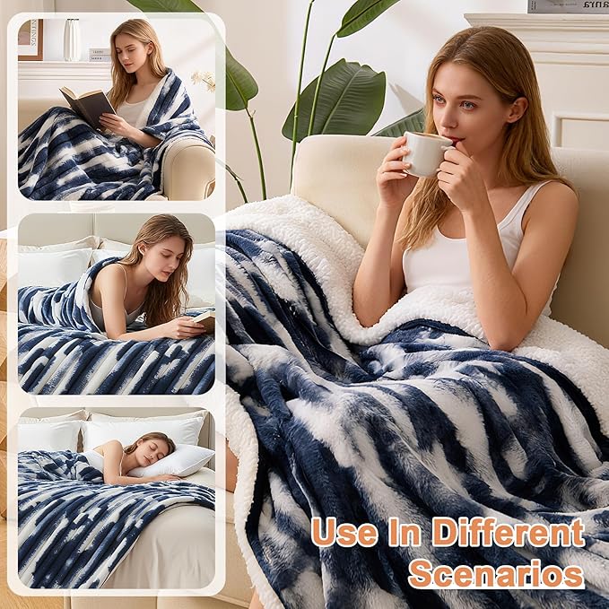 Heated Blanket Throw - 50"x60" Fast Heating Bed Electric Blankets Throw with 6 Heating Levels & 4 Hours Auto Off, Soft Ribbed Faux Fur Sherpa, Over-Heated Protection ETL, Navy Blue