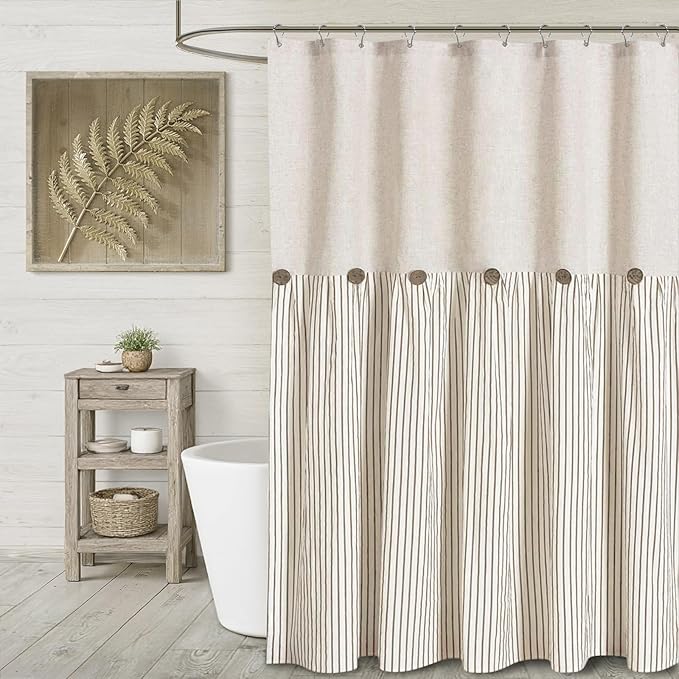 Farmhouse Shower Curtain Linen Beige Button Woven Fabric Country Rustic Western, Pleated Beige Stripe 72" W x 72" L