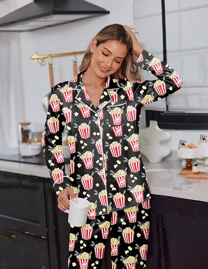 Ekouaer Satin Pajama Set for Women Silky Sleepwear Long Sleeve Top and Pants Button Down Pjs Lounge Set