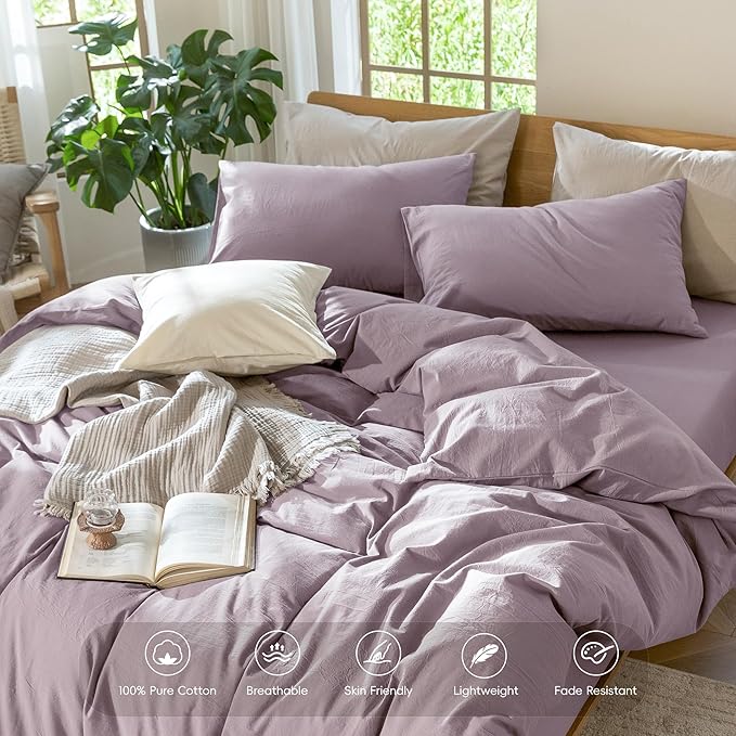 MooMee Bedding Duvet Cover Set 100% Washed Cotton Linen Like Textured Breathable Durable Soft Comfy (Solid Taro Purple, Full 80"x90")