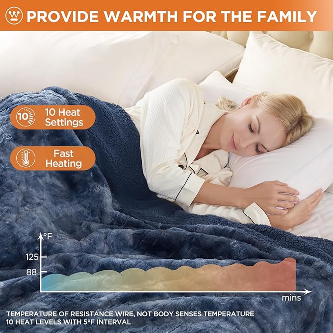 Westinghouse Electric Blanket Full, Faux Fur Heated Blanket with 10 Heating Levels & 1-12 Hours Auto Off, Soft Cozy Sherpa Heated Blanket Washable Blanket (80" x 84" Full Size, Indigo)