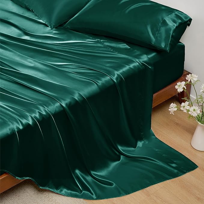 Bedsure Satin Sheets Full Size - 4 Piece Silky Bedsheets with 15 Inches Deep Pocket Fitted Bedsheet,1 Flat Sheet, 2 Satin Pillowcases, Good for Hair & Skin (Full, Dark Green)
