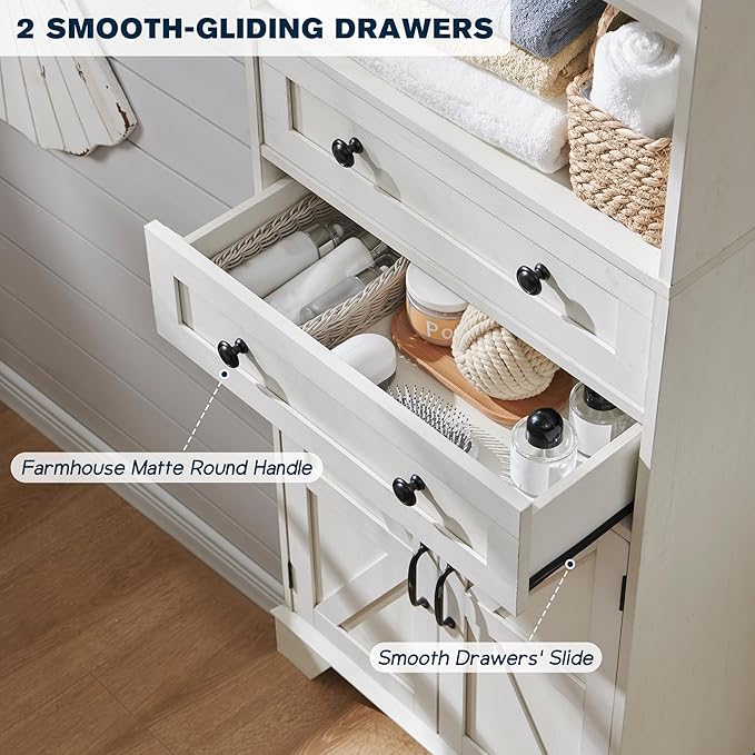ACCOHOHO Farmhouse Tall Bathroom Storage Cabinet, 72" Storage Cabinet with 2 Drawers, Adjustable Shelves & Barn Door, Cabinet for Bathroom, Living Room, Kitchen, Off White