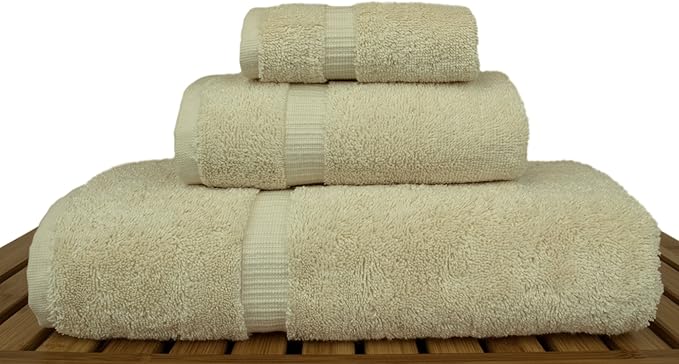 Luxury Hotel & Spa Quality Collection, Quick Dry 100% Turkish Cotton, 750+ GSM, Eco Friendly Towel Set, Bathroom and Kitchen Dobby Border Towels, Bath Towel, Hand Towel, Washcloths (3 Piece, Beige)