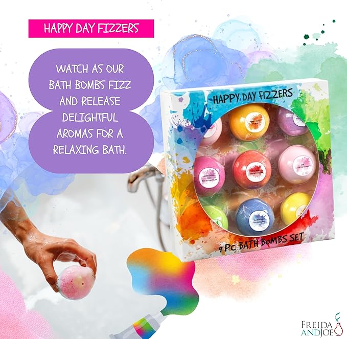 Happy Day Fizzers Aromatherapy 9 Pcs Large Bath Bomb Gift Set for Women – Relaxing Aromatherapy Home Spa Birthday Christmas Gifts for Mom (Happy Day Fizzer 2.0)