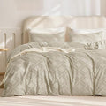 JELLYMONI Duvet Cover Queen Size Light Khaki - 3PCS Boho Duvet Cover Set Plaid Polyester Tufted Bohemian Jacquard Knit Textured Comforter Cover 90×90in Rhombic Geometric Pattern Zipper Corner Tie