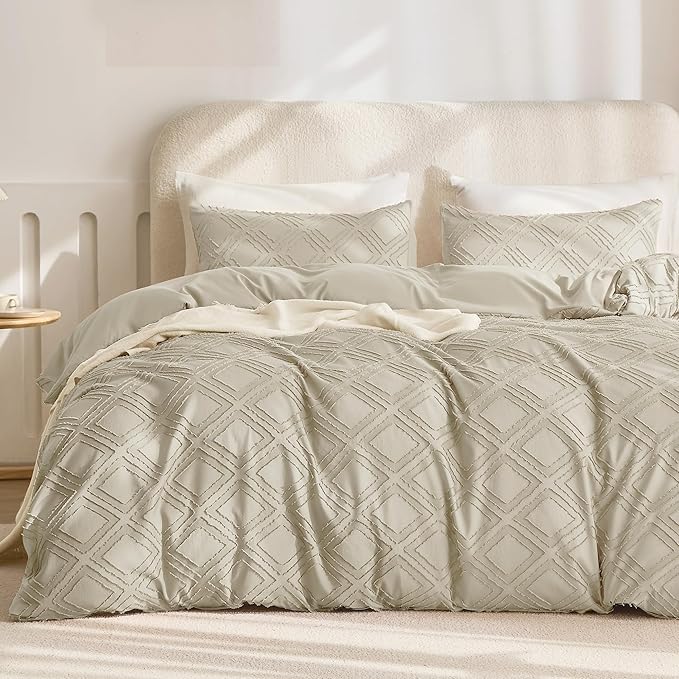 JELLYMONI Duvet Cover Twin Size Light Khaki - 3PCS Boho Duvet Cover Set Plaid Polyester Tufted Bohemian Jacquard Knit Textured Comforter Cover 68×90in Rhombic Geometric Pattern Corner Ties & Zipper
