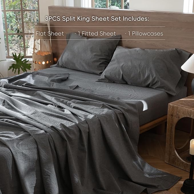 MooMee Bedding Sheet Set 100% Washed Cotton Linen Like Textured Breathable Durable Soft Comfy (Heathered Dark Grey, Twin)