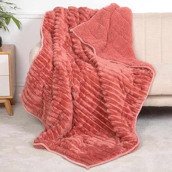 Sherpa Fleece Weighted Blanket with 3D Ribbed Stripes, 15 lbs Soft Flannel Heavy Throw Blanket for Couch Bed Sofa, Heavy Thick Blankets with Ceramic Beads, Great for Sleep, 48" x 72"