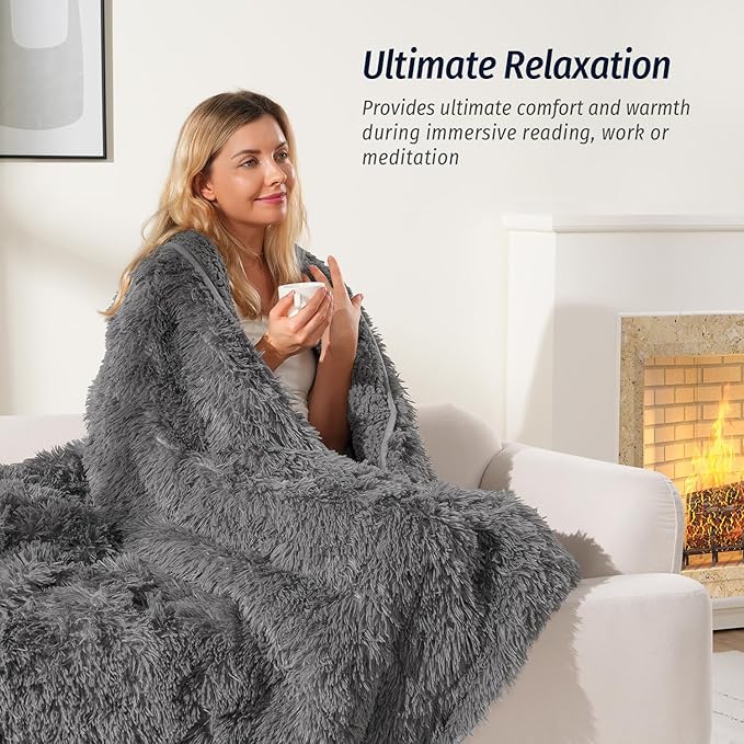 Wemore Shaggy Long Fur Faux Fur Weighted Blanket, Cozy and Fluffy Plush Sherpa Long Hair Blanket for Adult 15lbs, Fluffy Fuzzy Sherpa Reverse Heavy Blanket for Bed, Couch, Grey, 60 x 80 Inches