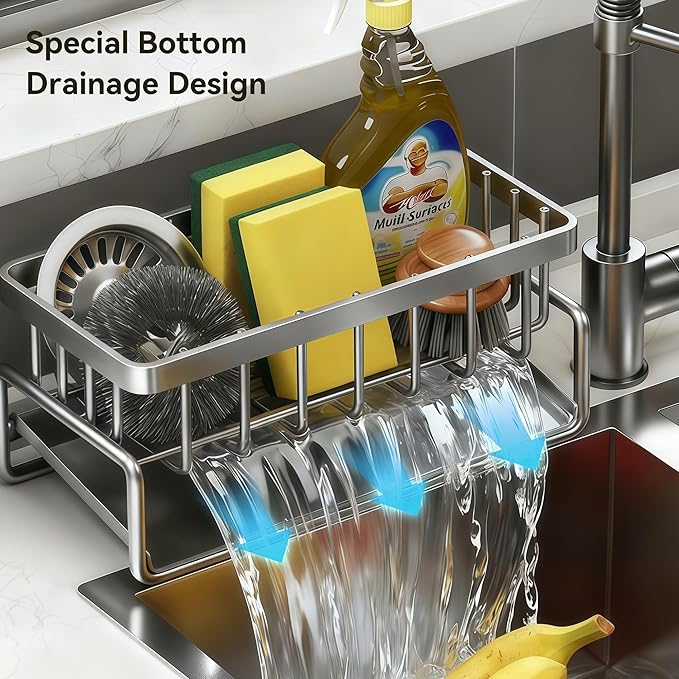 Sponge Holder for Kitchen, Sink Caddy Organizer Rack for Kitchen Accessories, Soap Dispenser Countertop Organizer Essentials for Home (Grey)