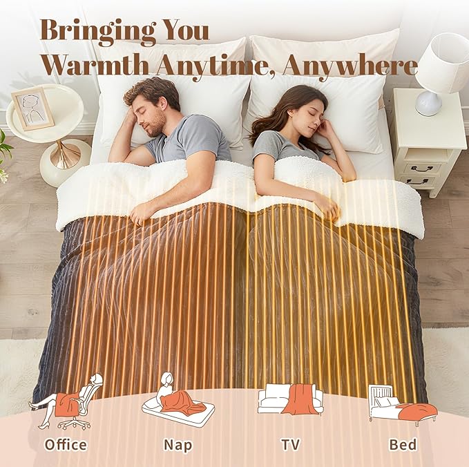 Electric Heated Blanket Queen Size Dual Control - 84"x90" Fast Heating Bed Blankets with 6 Heating Levels & 10 Hours Auto Off, Soft Ribbed Flannel, Over-Heat Protection ETL, Dark Gray