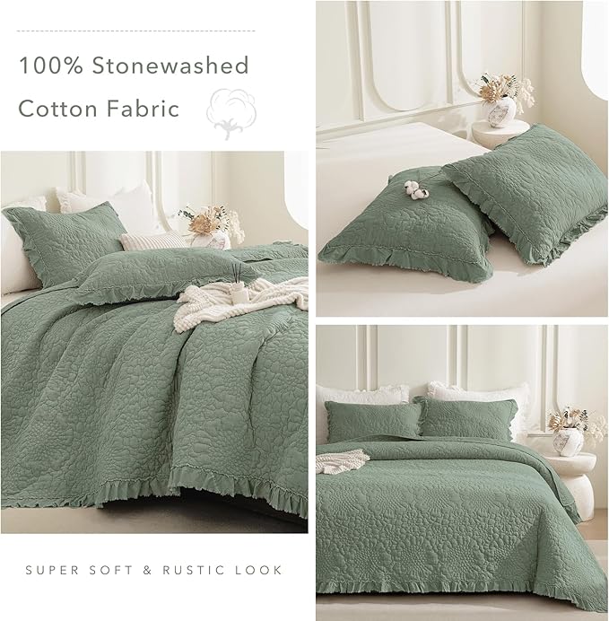 QSH 3PCs Stonewashed Cotton Quilt King (110"x98"),Olive Green Ruffle Quilt King Size Bedding Set,Ultra Lightweight Soft Crinkled Bedspread Coverlet King Shabby Farmhouse Chic Bedding for All Seasons