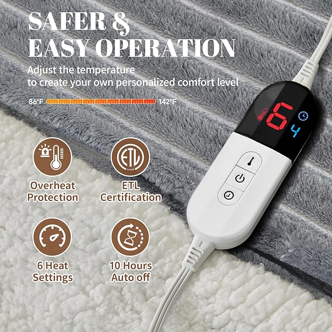 Electric Heated Blanket Queen Size Dual Control - 84"x90" Fast Heating Bed Blankets with 6 Heating Levels & 10 Hours Auto Off, Soft Ribbed Flannel, Over-Heat Protection ETL, Light Gray