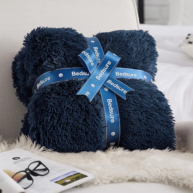 Bedsure GentleSoft Fluffy Navy Blue Throw Blanket for Couch, Dark Blue Gifts for Men, Women, Soft Sherpa Fleece Thick Warm Faux Fur Throw Blanket, Fuzzy Plush Cozy Gifts for Dad Grandpa, 50x60
