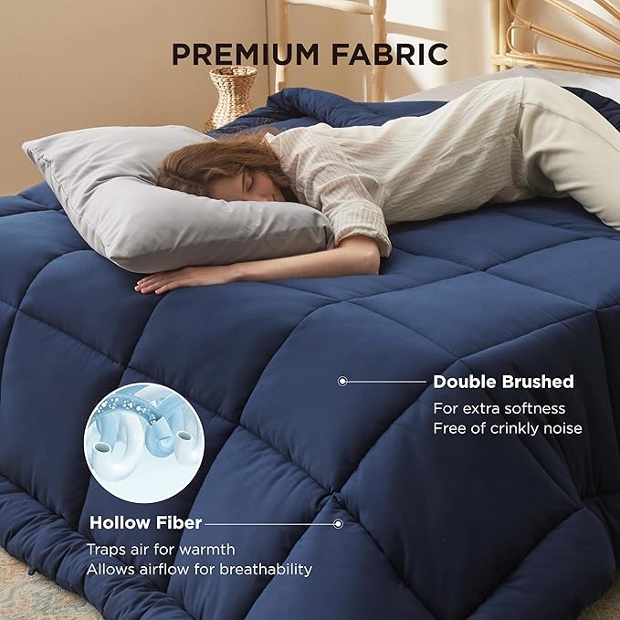 Bedsure Comforter Duvet Insert - Quilted Comforters Queen Size, All Season Duvet, GentleSoft Down Alternative Bedding, with 8 Tabs, Gifts for Women/Men, Navy Blue, Queen 88 x 88 Inches