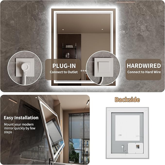 Bathroom Mirror with Lights 30"X36" with Front Light and Backlit, Tempered Glass, Wall Mount Horizontal/Vertical, Stepless Dimmable, 3 Colors, Anti Fog, Bathroom Memory LED Mirror