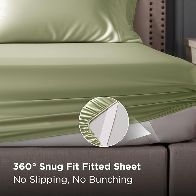 Bedsure Satin Sheets King Size - 4 Piece Silky Bedsheets with Elastic Corner Straps and 15 Inches Deep Pocket Fitted Bedsheet,1 Flat Sheet, 2 Satin Pillowcases, Good for Hair & Skin (King, Sage Green)