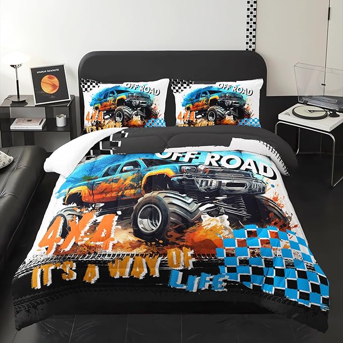 Off Road Truck Comforter Full Size for Boy，Off Road Truck Bedding Full Size，with 1 Comforter with 2 Pillow Case，Off Road Truck Bedroom Decor