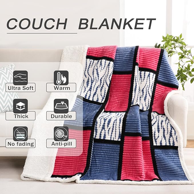 PU MEI Sherpa Blanket Fleece Throw Blanket Queen Plaid Thick Bed Blanket, Soft Warm Cozy Throw Blanket, 80”*90” Zabra-Navy Pink