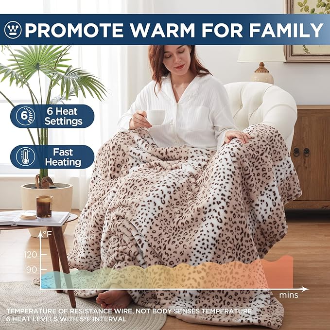 Westinghouse Heated Throw Blanket, Leopard Electric Throw Blanket, Luxury Faux Fur to Flannel Reversible, 6 Heating Levels & 2-10 Hours Time Setting, Machine Washable(Throw, 50"x60")