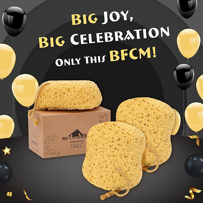 myHomeBody Bath Sponge, Foam Loofah, Body Scrubber for Bathing, Exfoliating Shower Pouf for Shower – Large Size, Lots of Lather, Curvy, 3 Pack