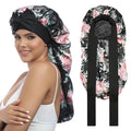 AWAYTR Long Satin Bonnet for Women - Double Layer Elastic Silk Bonnet for Braids Hair Sleeping Cap with Tie Band (Flower B)