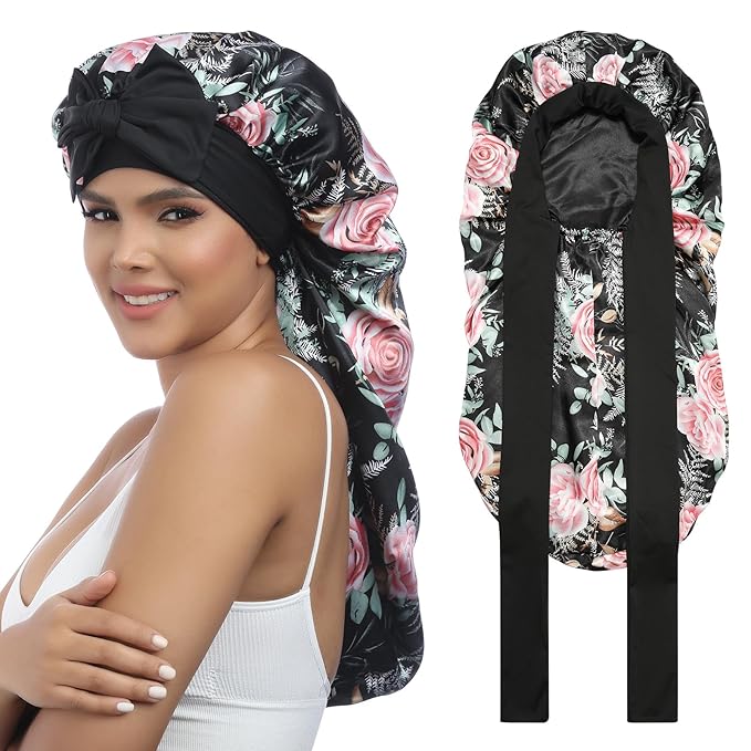 AWAYTR Long Satin Bonnet for Women - Double Layer Elastic Silk Bonnet for Braids Hair Sleeping Cap with Tie Band (Flower B)