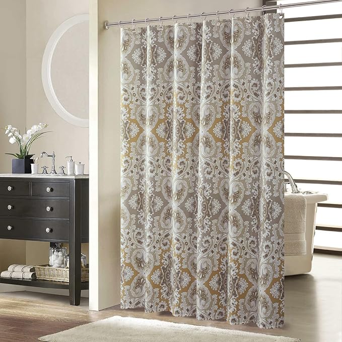 Long Fabric Shower Curtain, Beige Grey Blue Printed Boho Paisley Damask Pattern Shower Curtains for Bathroom, Waterproof Bathroom Curtains, 62" W x 78" H
