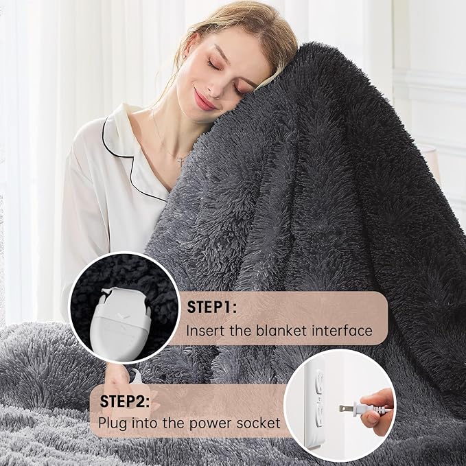 Heated Electric Blanket Throw–Faux Fur with Soft Thick Sherpa,Warm Winter Birthday Gifts for Women Grandma，10 Heat Settings,5 Time Settings with Fast Heating, 50x60, Midnight Black